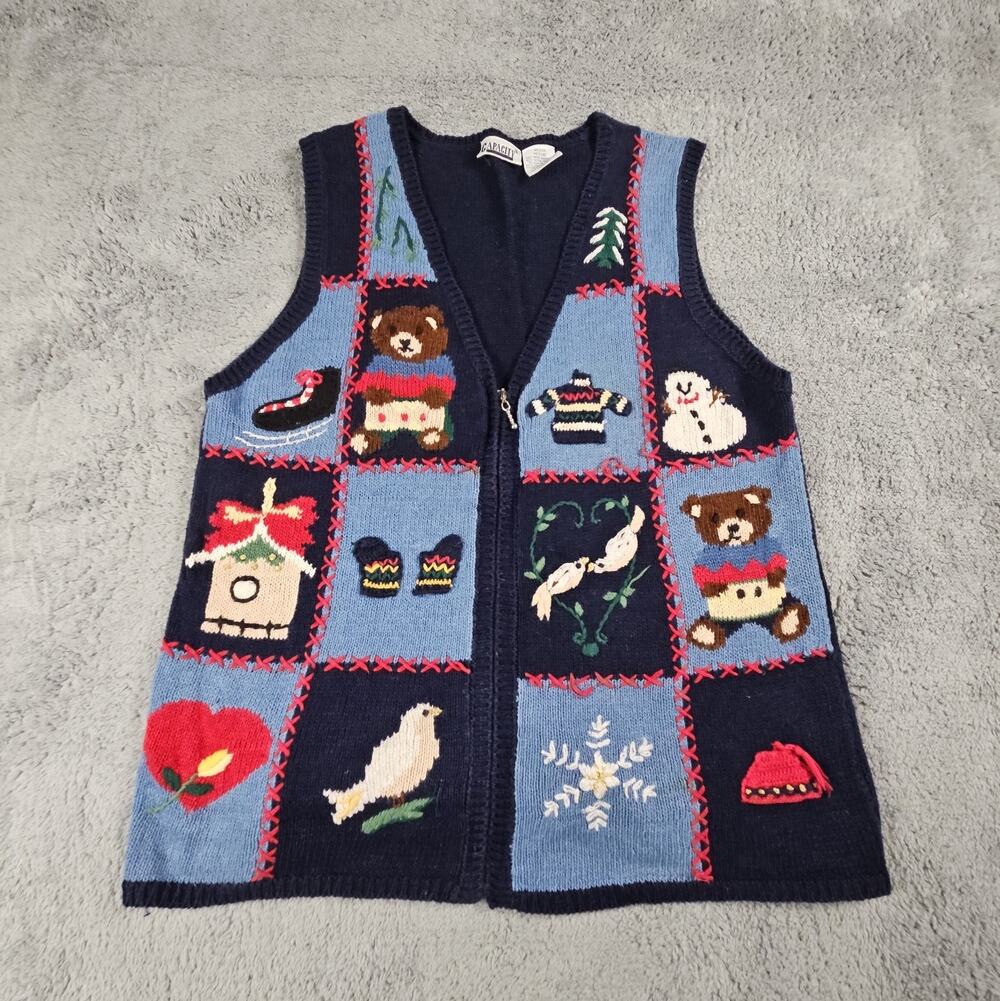 Womens Medium Navy Blue Christmas Holiday Embroidered Sweater Vest by Capacity